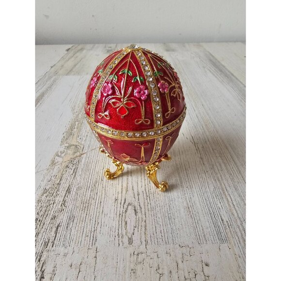 Jeweled egg rhinestone trinket box jewelry red gold flowers daisies - Picture 1 of 8
